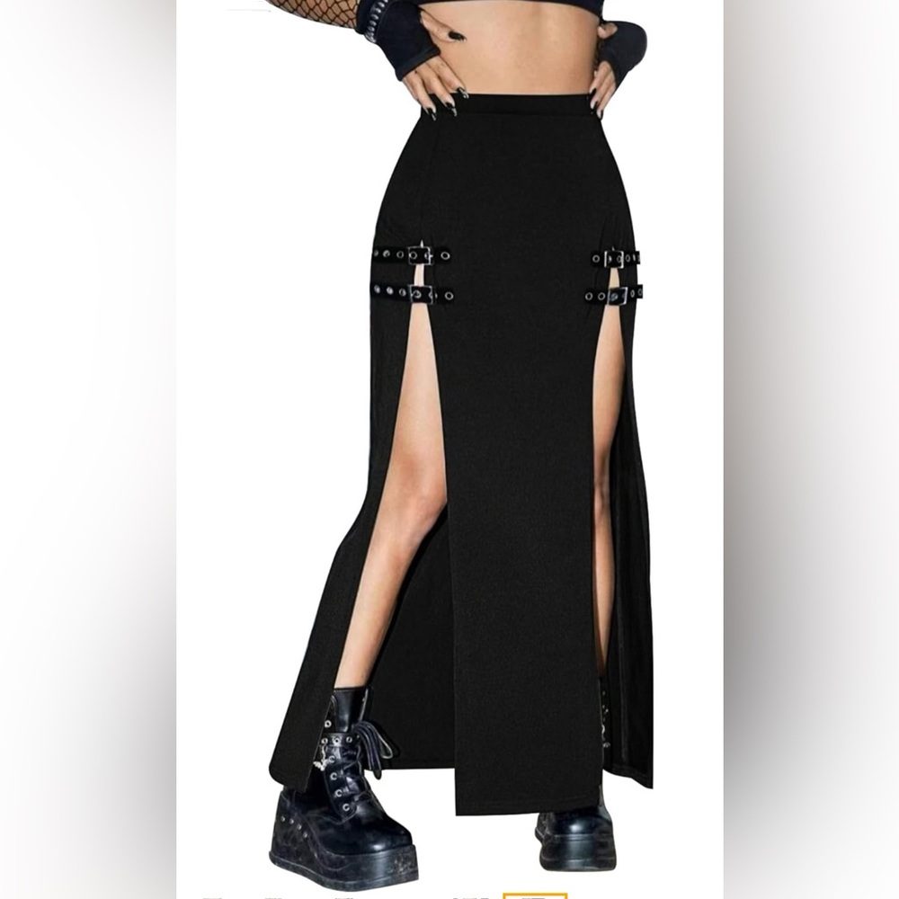 ROMWE Black Maxi Skirt with Buckle Details